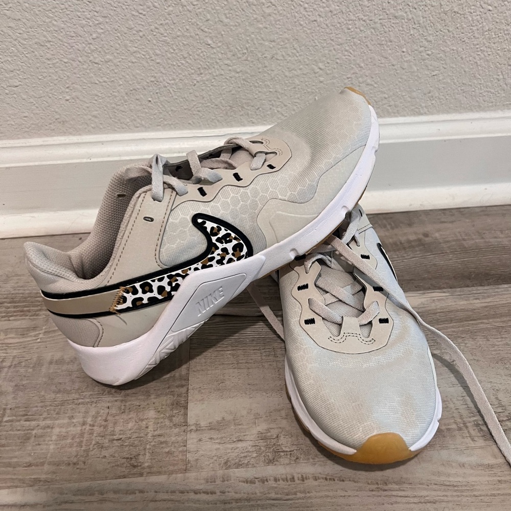 Nike Beige Sneakers with Leopard Print Swoosh